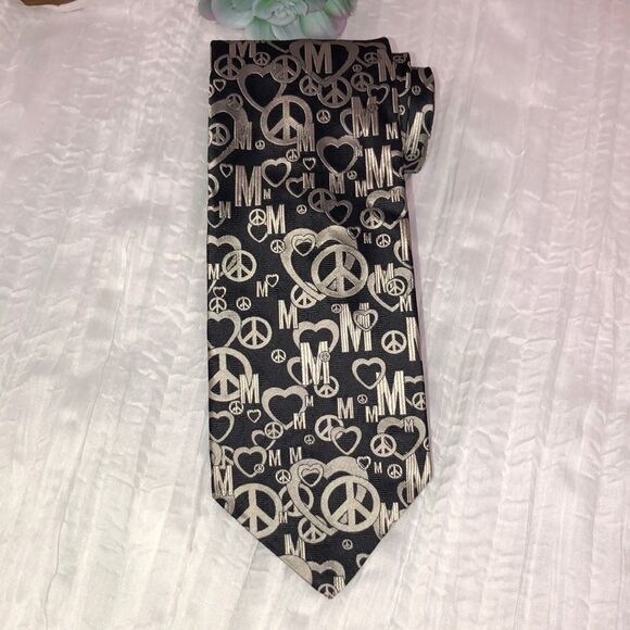 Moschino Black Silver Designer Textured Silk Tie Heart & Peace Logo Print - Picture 1 of 8